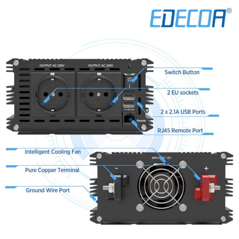 Інвертор перетворювач напруги Edecoa Pure Sine Wave 12-230v 3500/7000w синус (пульт дистанційного керування) Інвертор перетворювач напруги Edecoa Pure Sine Wave 12-230v 3500/7000w синус (пульт дистанційного керування)
