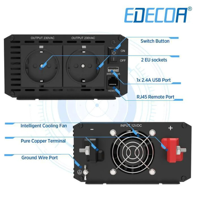 Инвертор преобразователь напряжения Edecoa Spannungswandler 12-230v 1000/2000w чистый синус (пульт дистанционного управления) Инвертор преобразователь напряжения Edecoa Spannungswandler 12-230v 1000/2000w чистый синус (пульт дистанционного управления)