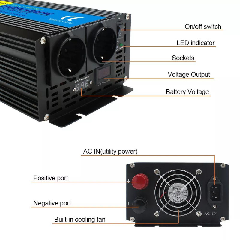 Інвертор перетворювач напруги Lvyuan 2000W 12-230v 2000/4000w чистий синус Інвертор перетворювач напруги Lvyuan 2000W 12-230v 2000/4000w чистий синус
