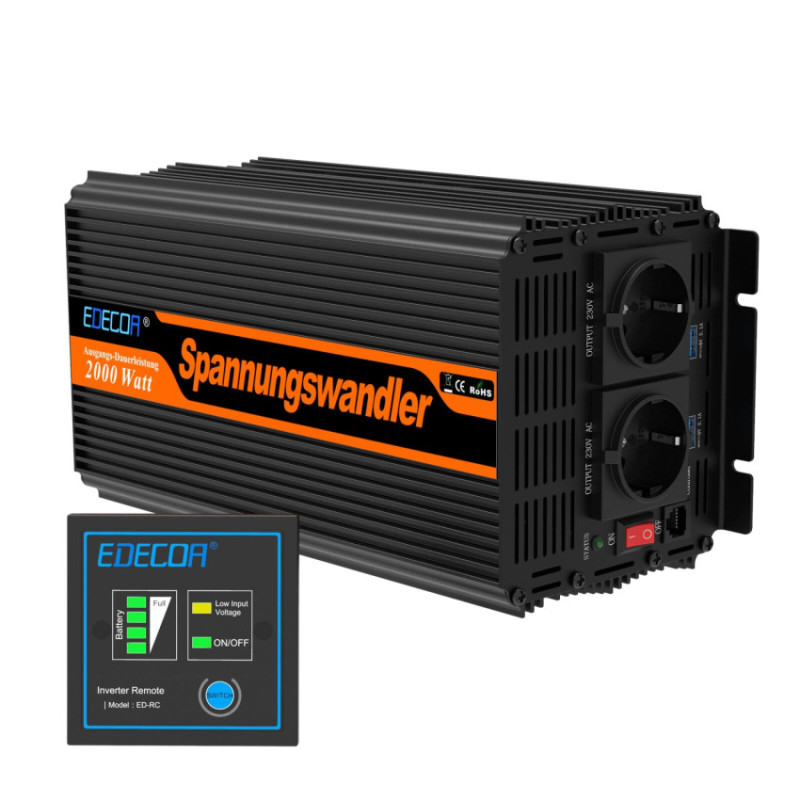 Инвертор преобразователь напряжения Edecoa Spannungswandler DPM20 12-230v 2000w чистый синус (пульт дистанционного управления)